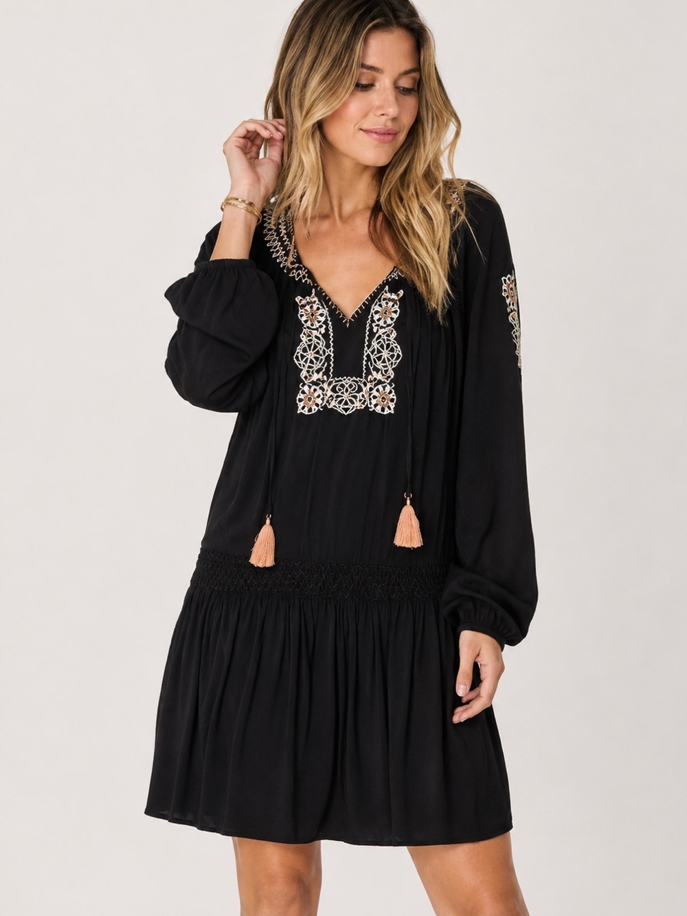 Sanctuary Freya Embroidered Boho Mini Dress Black Tassel NWT Small